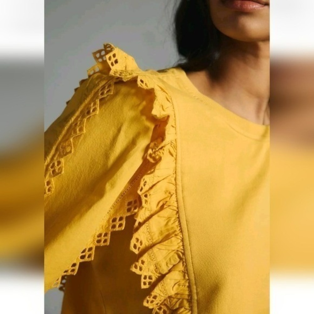 Anthropologie NEW Marigold Yellow Eyelet Ruffle Sleeve Sweatshirt SZ XL Cottage - Picture 13 of 14